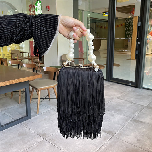 Bolso de mano con cadena de perlas y flecos, pequeño bolso cuadrado