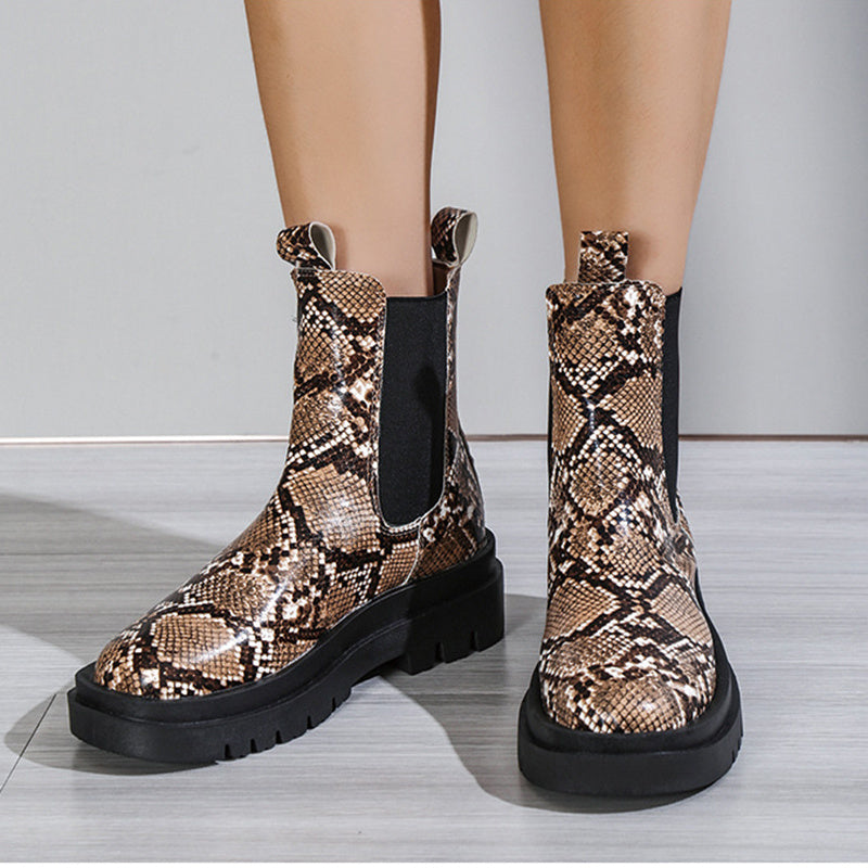 Botines de piel de serpiente con plataforma y cordones para mujer