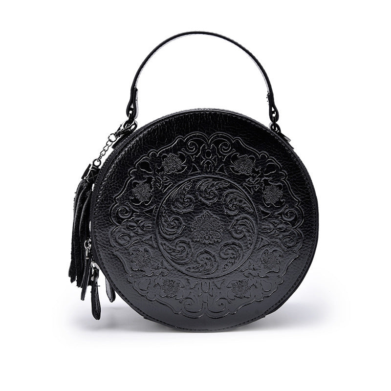 Literary Style Retro Handbag Round Leather