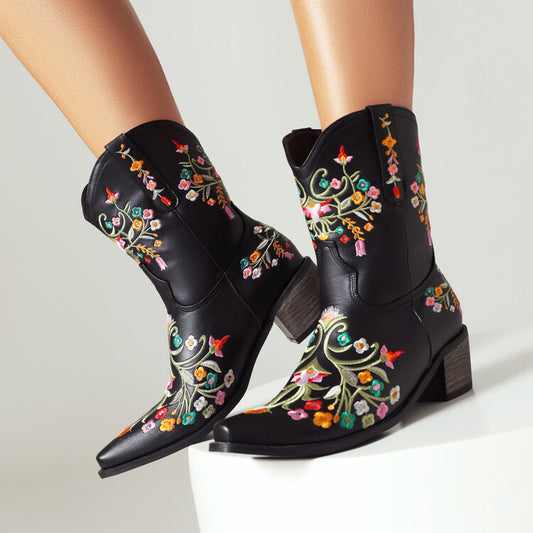 Botas de caballero estilo retro étnico con tacón grueso y cabeza cuadrada, bordadas y de colores a juego