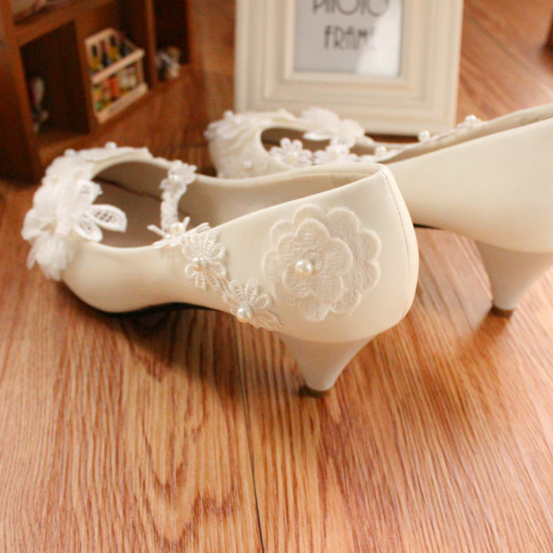 White Large Lace Low Heel Wedding Dress 3D Flower Women's Shoes