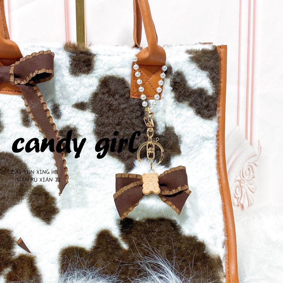 Bolso de hombro dulce y lindo con lazo de peluche con estampado de vaca para mujer