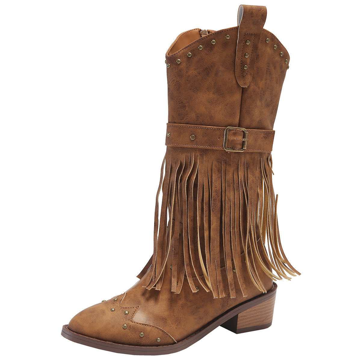 Botas retro con borlas y diseño de hebilla con correa de remache para mujer, calzado de invierno, botas de caballero estilo western de tacón cuadrado a media pantorrilla