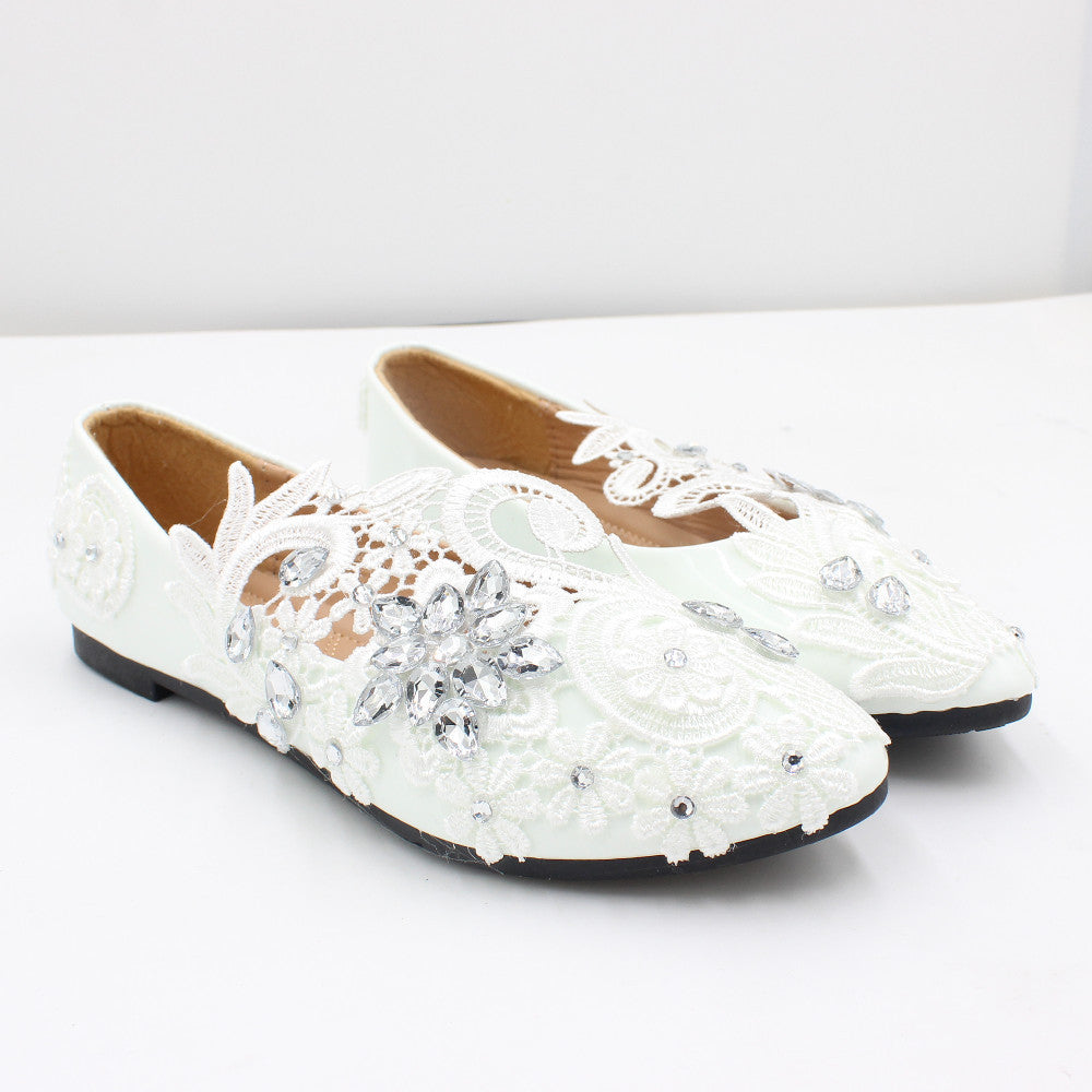 White Wedding Shoes High Heel Round Head Lace Rhinestones