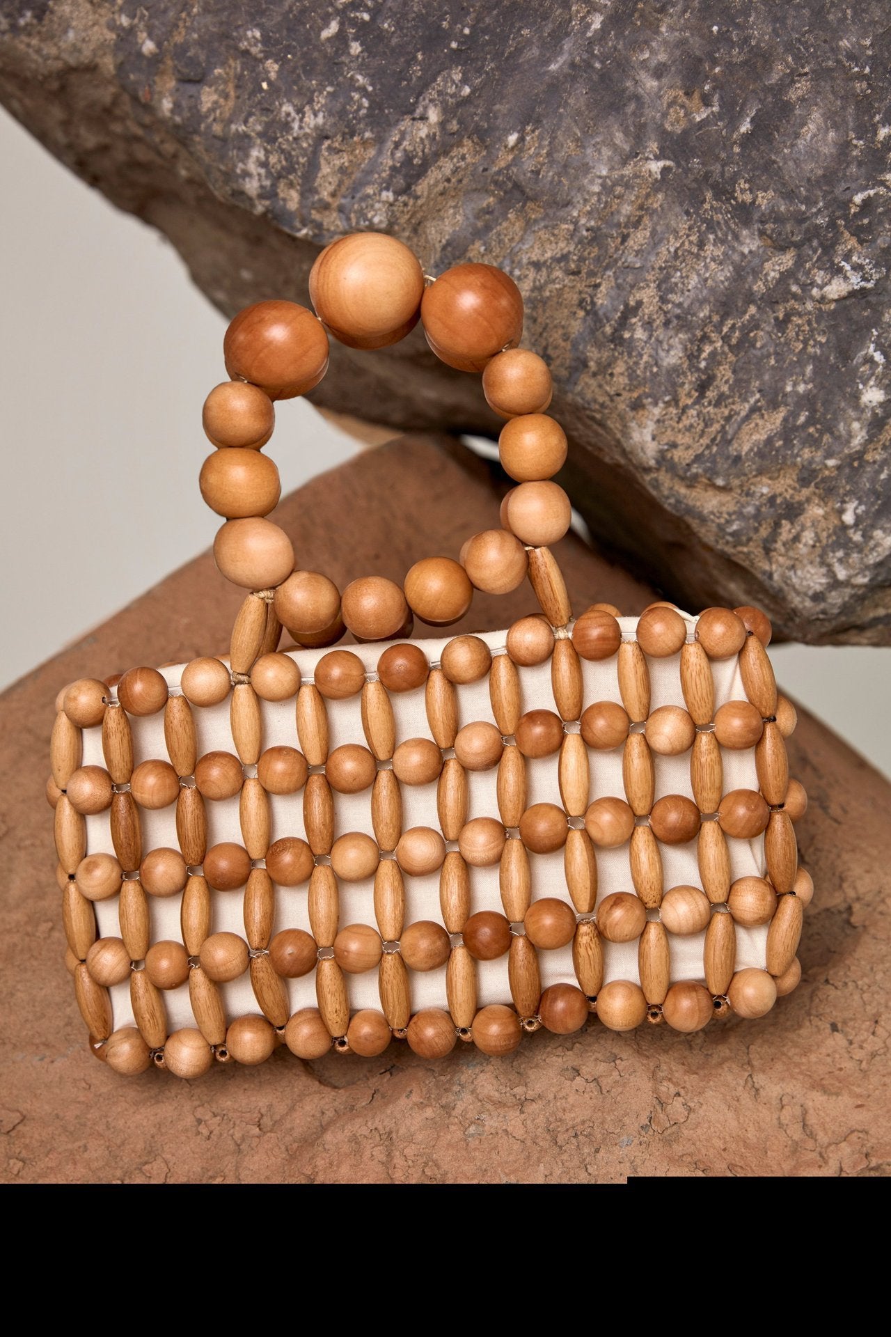 Woven Girl From Natural Wood Beads Handbag