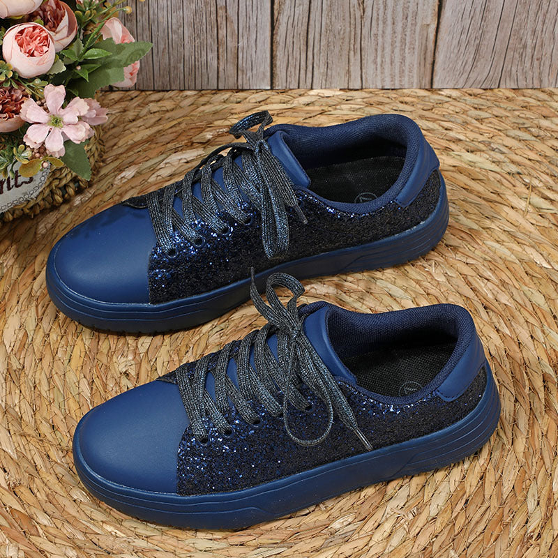 Zapatos planos con diseño de lentejuelas brillantes para mujer, zapatillas de deporte casuales de suela gruesa con cordones, zapatos de skate de moda