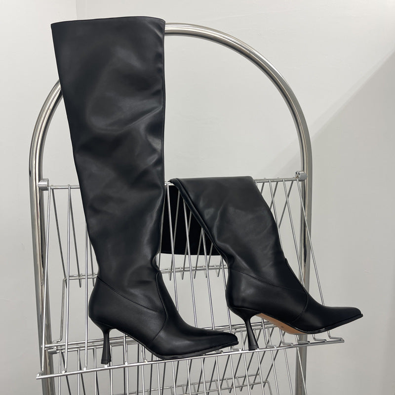 New Big Tube Circumference Pointed Toe Skinny Stilettos Pile Style Boots