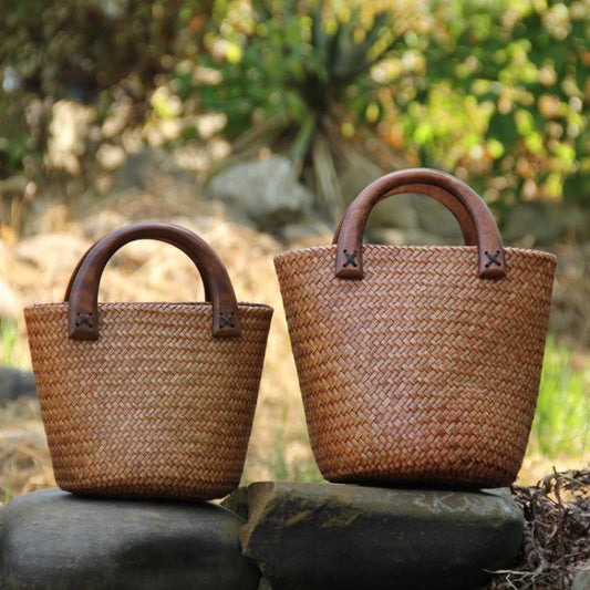 Vintage Chinese Seaside Resort Straw Bucket Bag