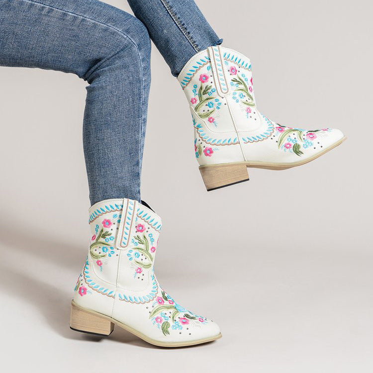 Ethnic Style Female Embroidered Flowers European And American Mid-tube Western Boots