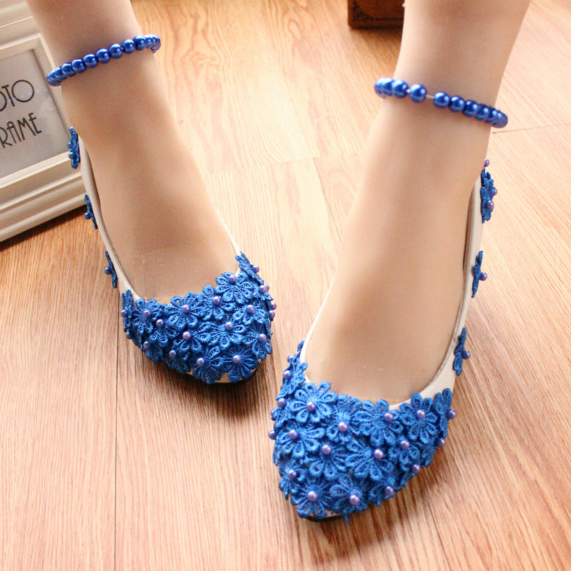 Women's Fashion Blue Pearl Anklet Wedding Shoes