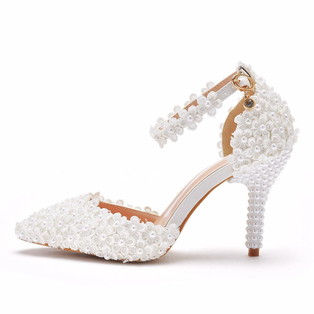 Pointed Toe High Heel Wedding Shoes Stiletto Heel Lace Sandals