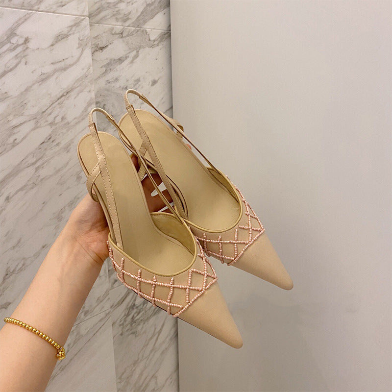 Pointed Silk Thin Heel Pearl French Style Baotou Sandals Female