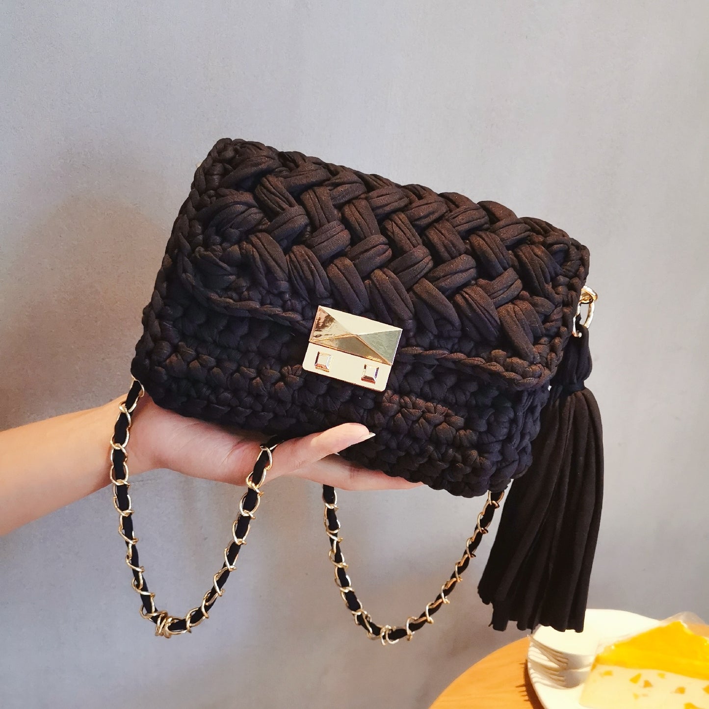 Hand-knitted One-shoulder Cross-body Bag With Wool Cloth Strips