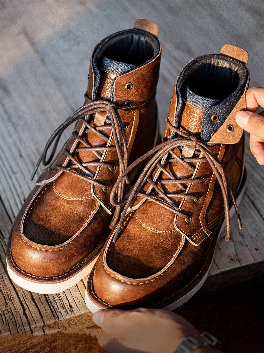 Bottes de travail vintage à revers pour hommes, bottes montantes en denim