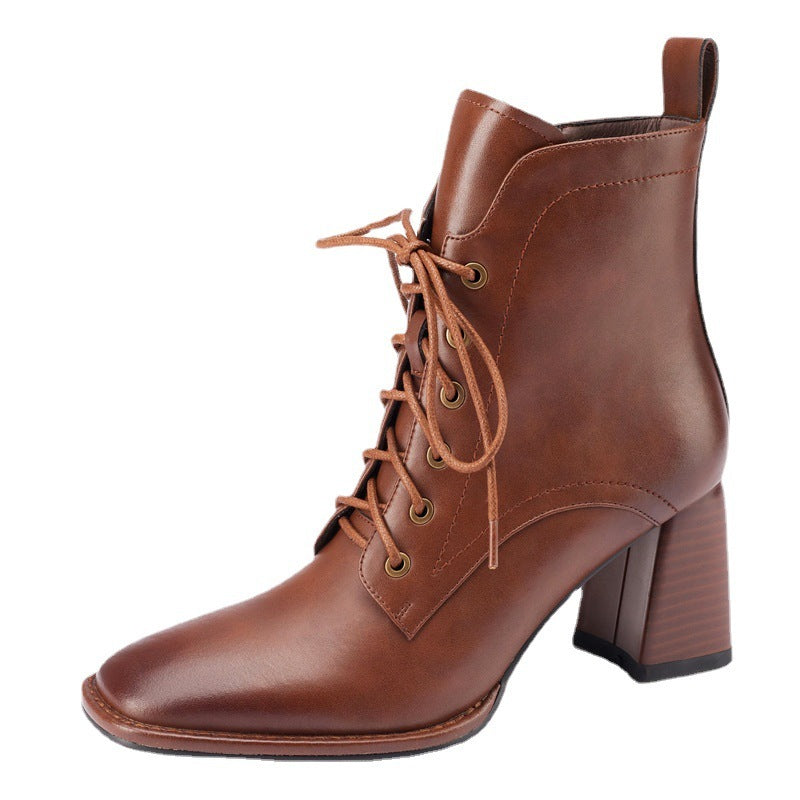 Botas de tacón alto cortas y sencillas con cordones estilo retro británico para mujer, otoño e invierno 2022