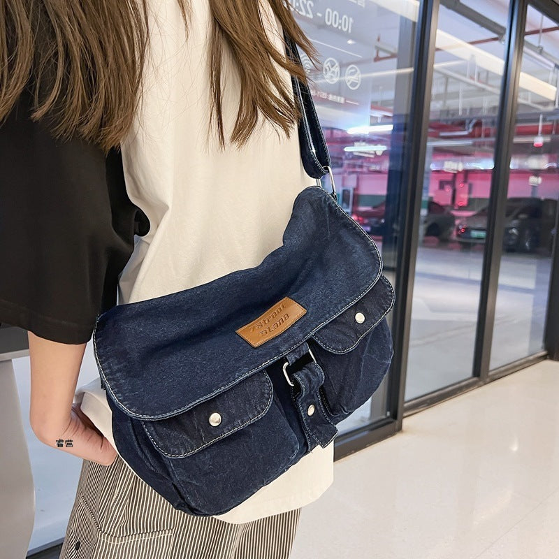 Pure Color Washed Denim Canvas Bag