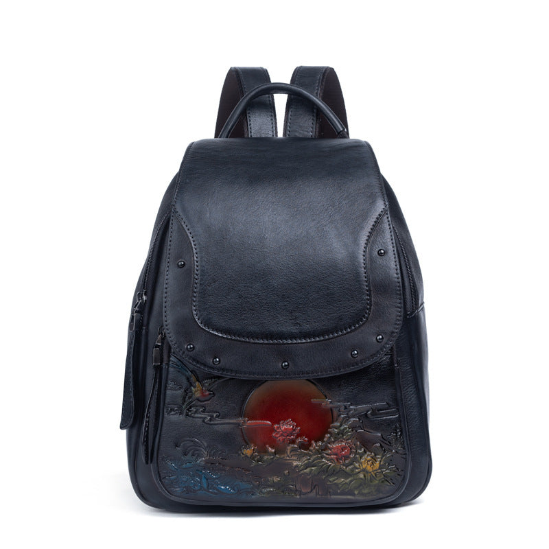 The First Layer Cowhide Retro Embossed And Polished Color Personalized Ladies Backpack