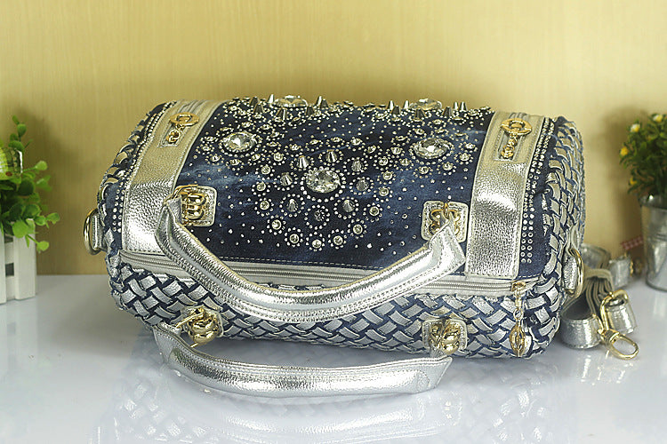 Sac en jean Ceinture en toile Strass Tressé Rivet Seau rond Bandoulière Épaule