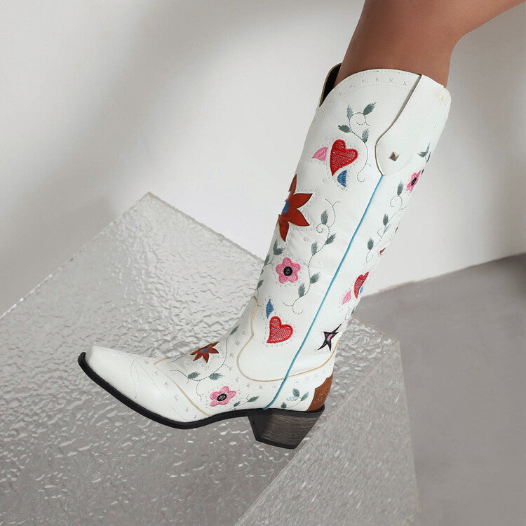 Denim Pointed Toe Chunky Heel Embroidered Rivets Boots