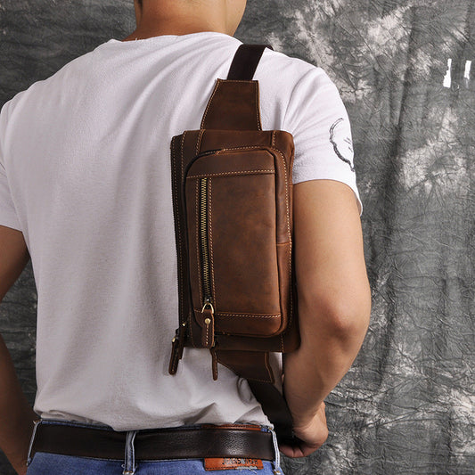 Retro-style First Layer Cowhide Chest Bag Inclined Back