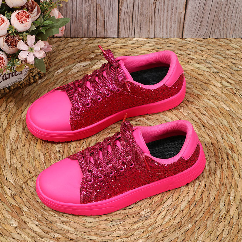 Zapatos planos con diseño de lentejuelas brillantes para mujer, zapatillas de deporte casuales de suela gruesa con cordones, zapatos de skate de moda