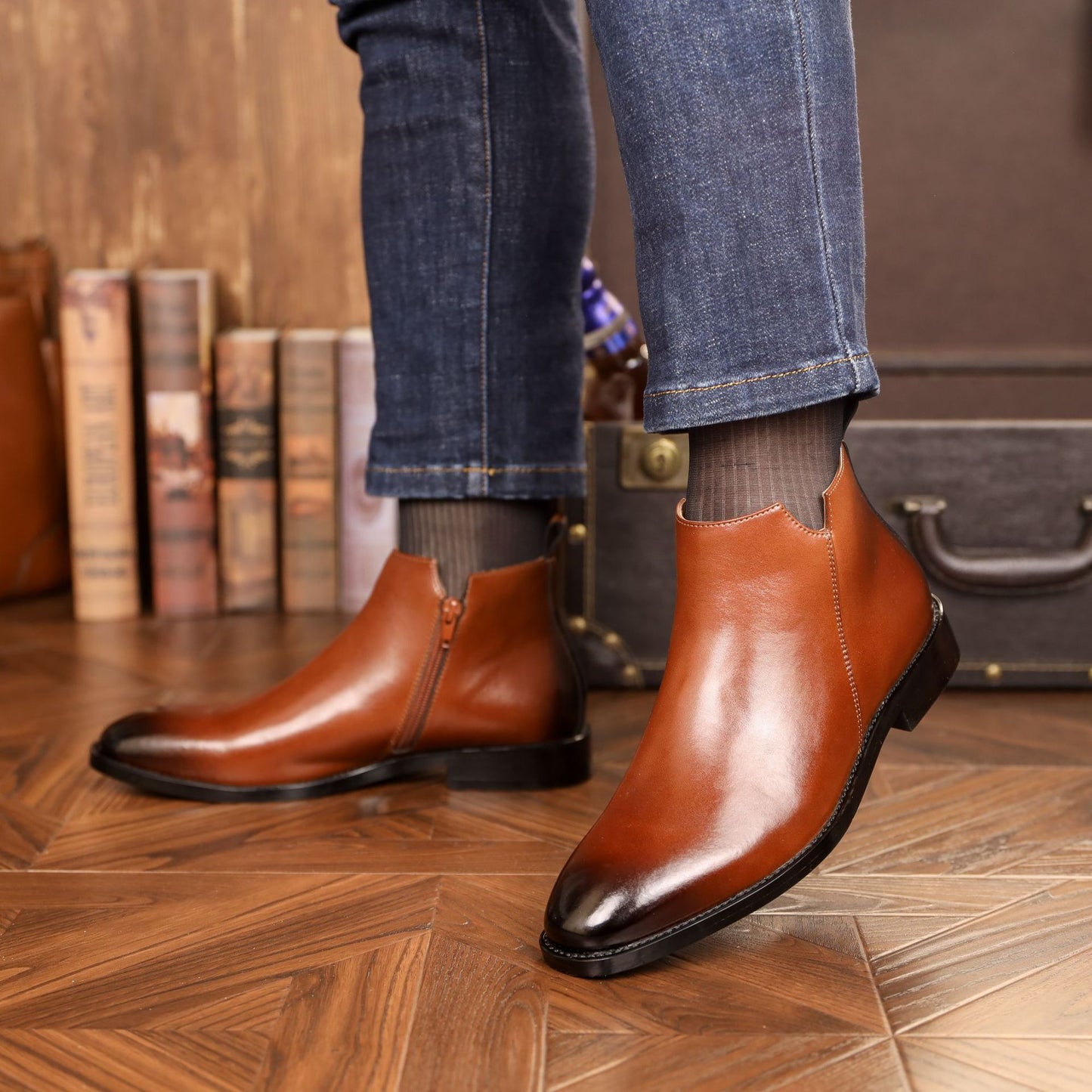 Bottes Martin décontractées en cuir à fermeture éclair latérale de style britannique pour hommes