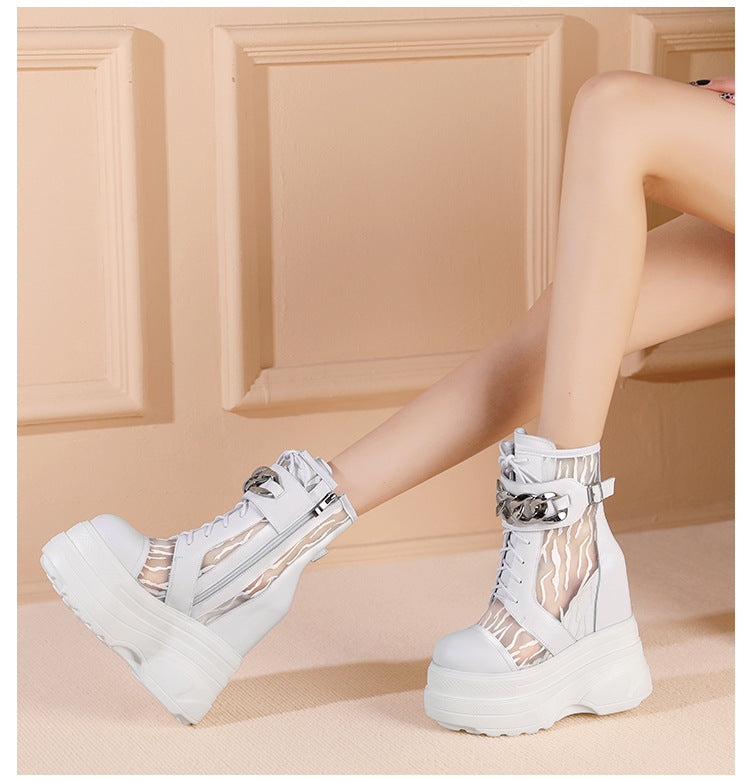 Silver Mesh Metal Buckle Hidden Heel Women's Boots