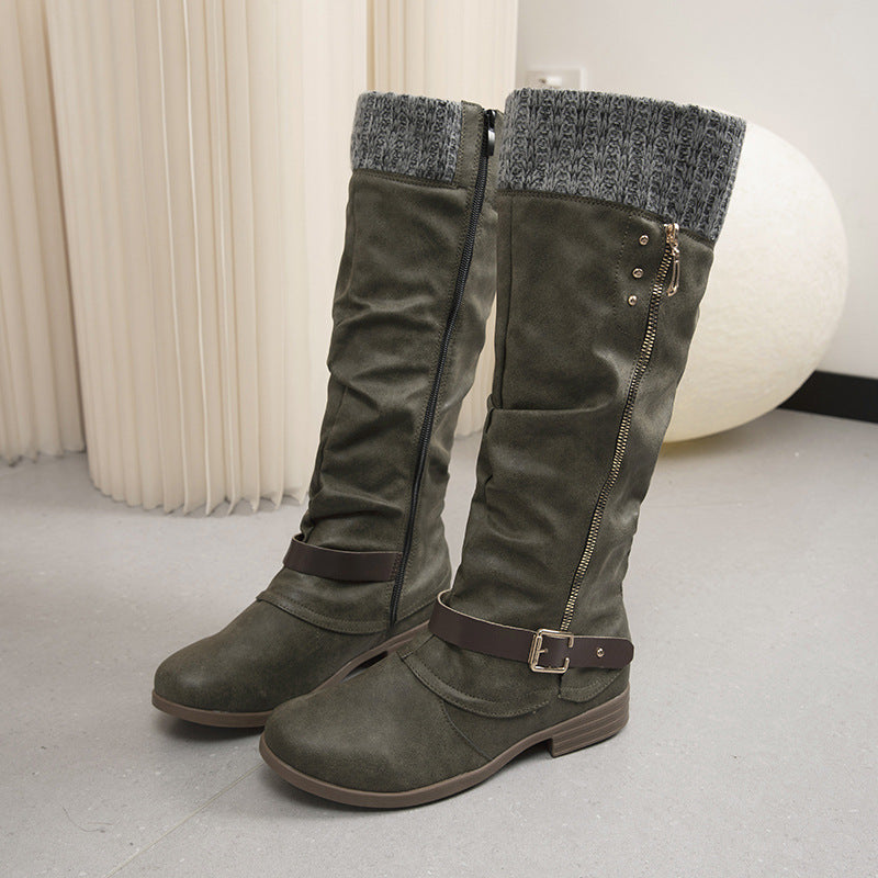 Bottes longues à talons épais pour femmes, grande taille, fermeture éclair latérale, coutures en laine