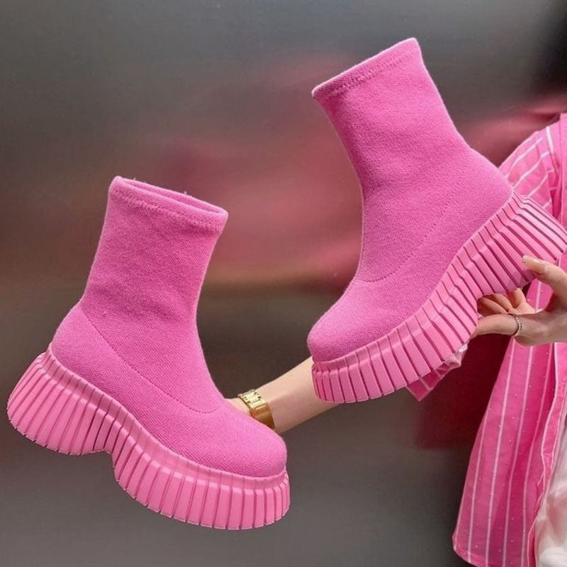 Botas largas de suela gruesa de color sólido, nuevas botas de moda de tejido elástico con mosca, calzado de invierno para mujer, botas altas