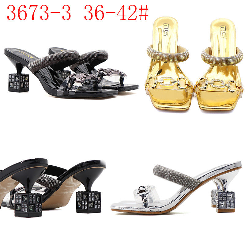 Stiletto Heel Transparent Rhinestone Outdoor Slippers Women