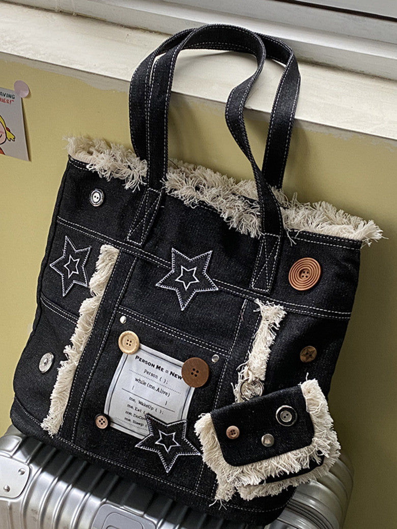 Bolso tote de mezclilla con flecos y estrellas estilo vintage americano