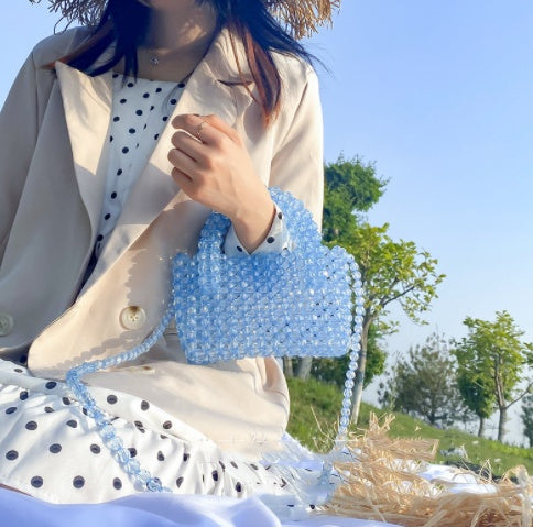 Bolso transparente para mujer con cuentas de colores tejidas a mano