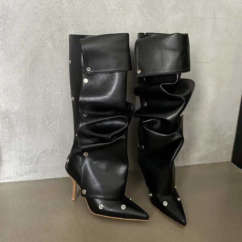 Bottes à talons aiguilles plissées en denim à coutures à boucle pour femmes