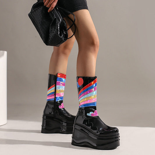 Bottes montantes à plateforme et fermeture éclair latérale style punk pour femmes