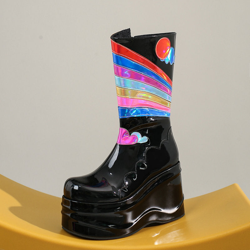 Bottes montantes à plateforme et fermeture éclair latérale style punk pour femmes