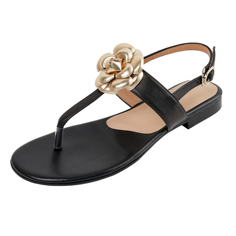 Sandalias de piel de oveja estilo preppy con punta abierta y flores para mujer