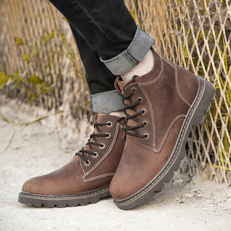 Botas de cuero vintage para hombre, zapatos de trabajo de caña alta