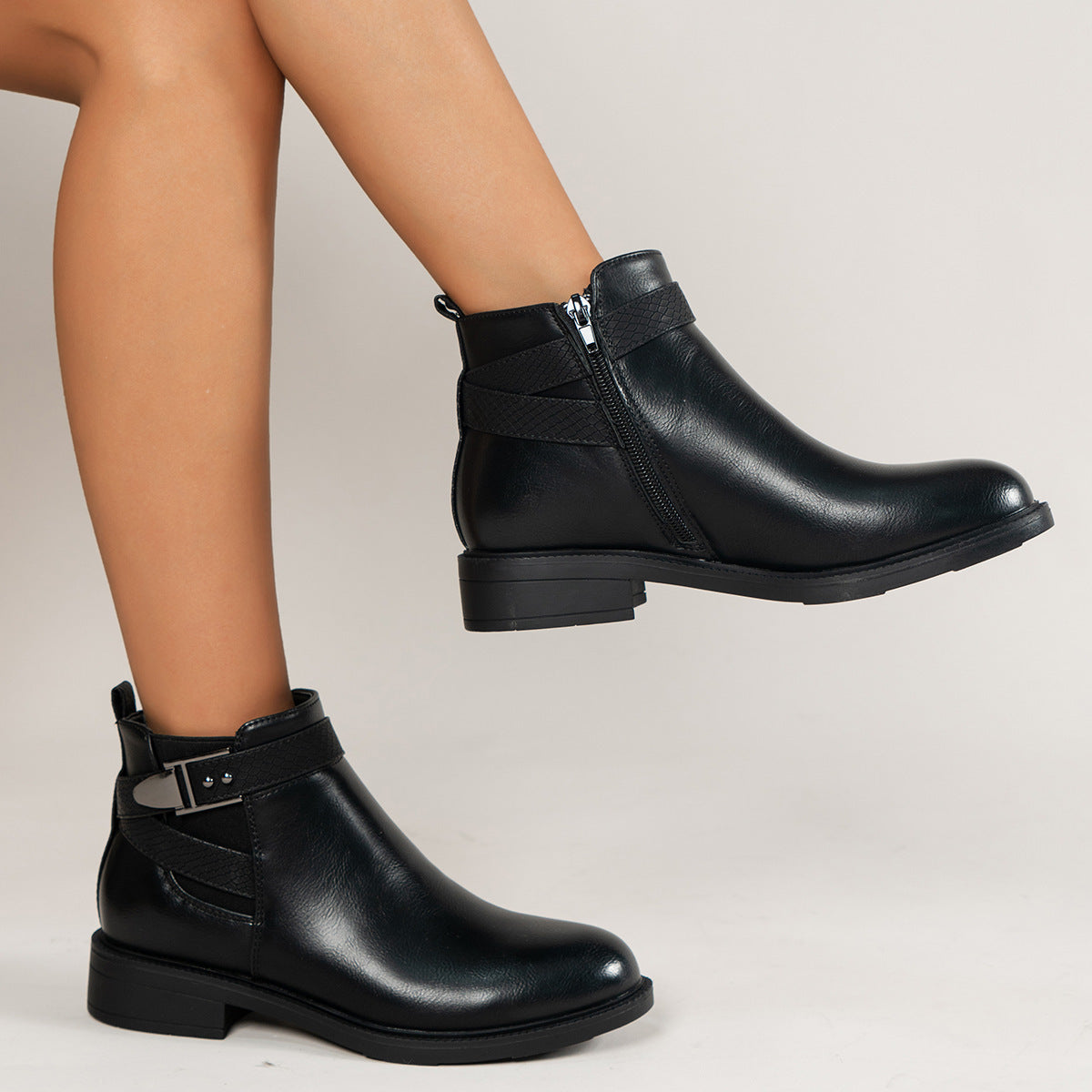 Botas Chelsea para mujer, botines negros, zapatos con hebilla y cremallera lateral