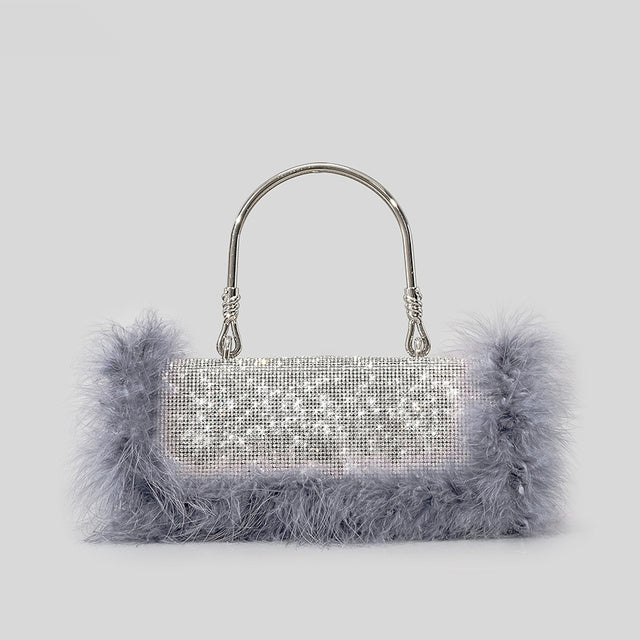 Ostrich Hair Rhinocaster Bag Female Mink Hair Inlaid With Diamond Full Drill Single Shoulder Crossbody