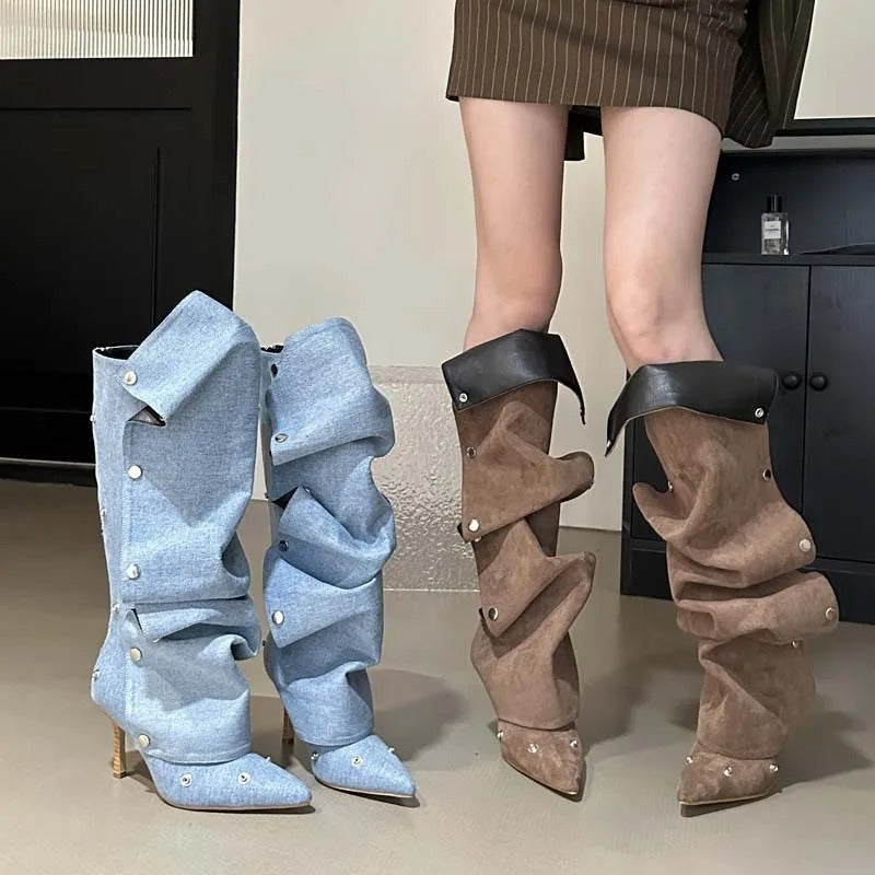 Bottes à talons aiguilles plissées en denim à coutures à boucle pour femmes