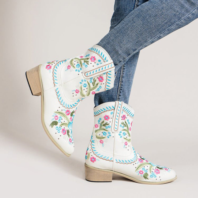 Ethnic Style Female Embroidered Flowers European And American Mid-tube Western Boots