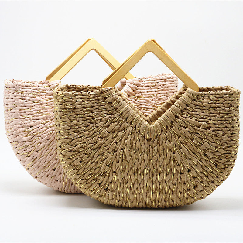 Hand Moon Bag Wooden Handle Straw