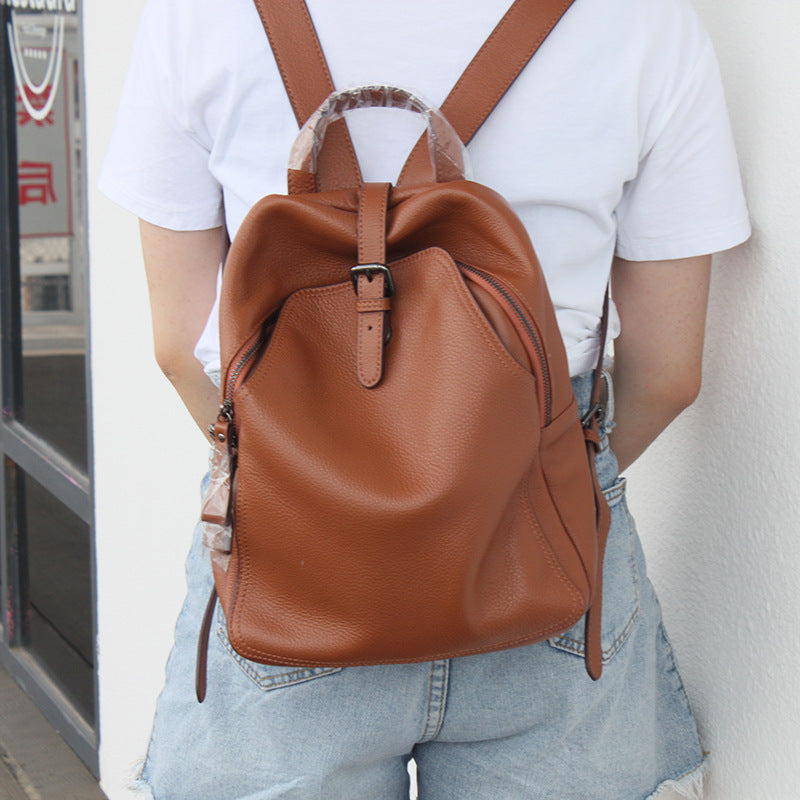 Women's Fashion Solid Color Top Layer Cowhide Backpack