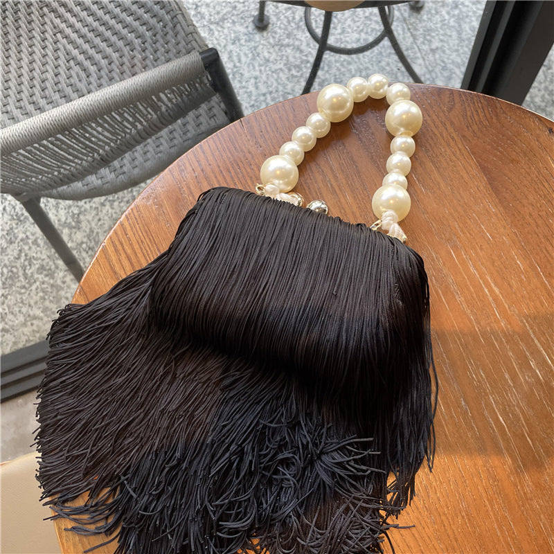 Bolso de mano con cadena de perlas y flecos, pequeño bolso cuadrado