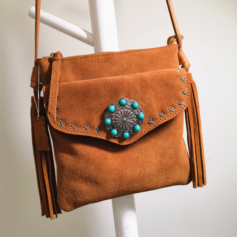 Bolso bandolera vintage de polar con flecos y flores para mujer