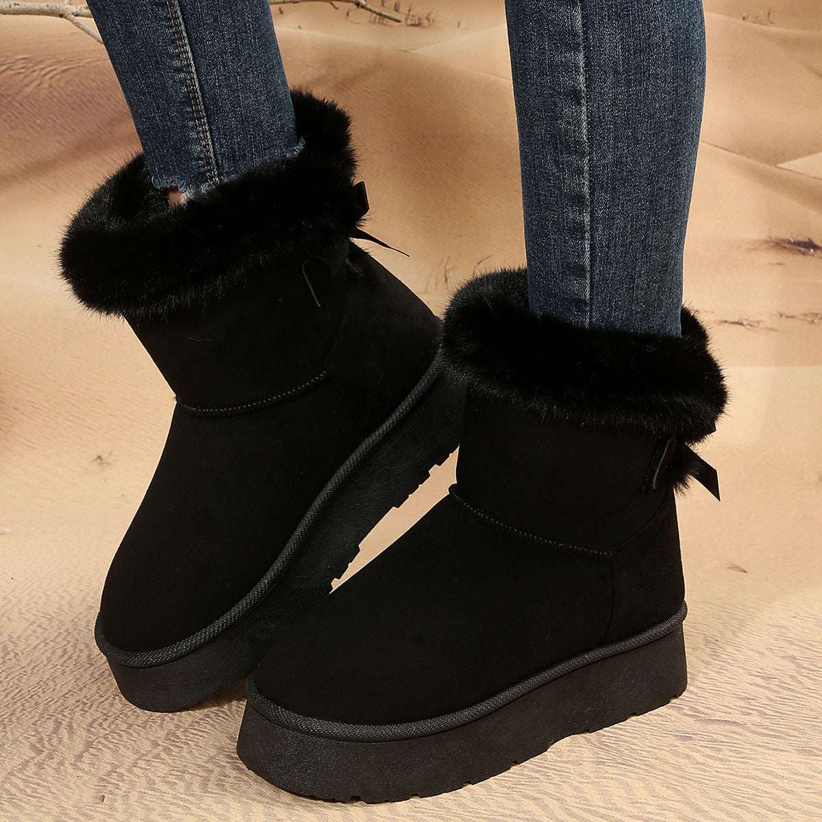 Nouvelles bottes de neige à nœud papillon hiver plus velours chaud bottines à semelles épaisses pour femmes simples chaussures de loisirs quotidiennes en coton