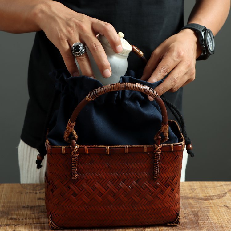 Bolsa de almacenamiento para juegos de té de bambú hecha a mano