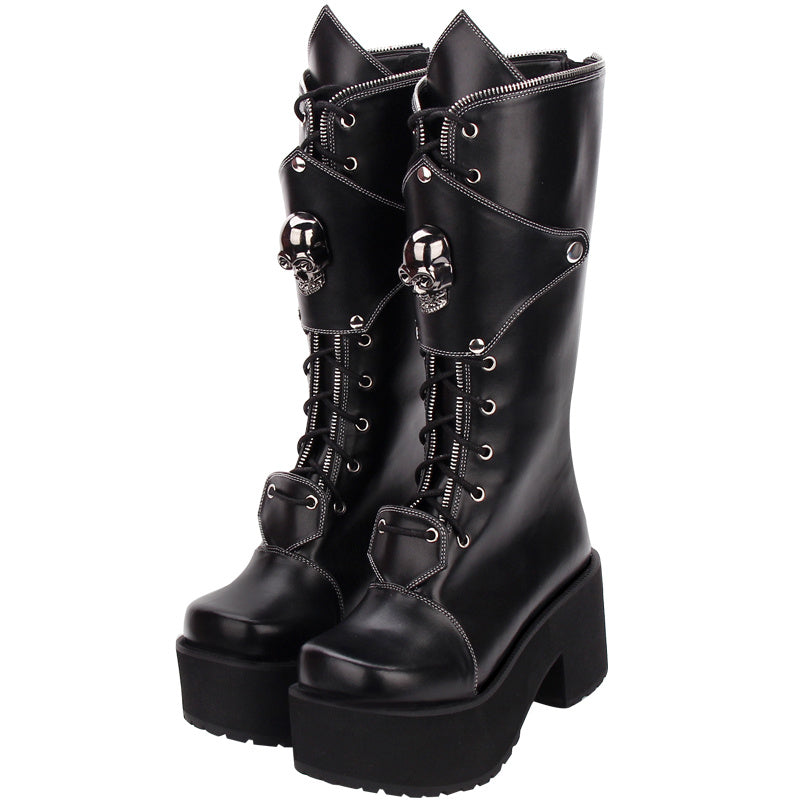 Botas altas de suela gruesa con cremallera y tachuelas estilo punk con calaveras