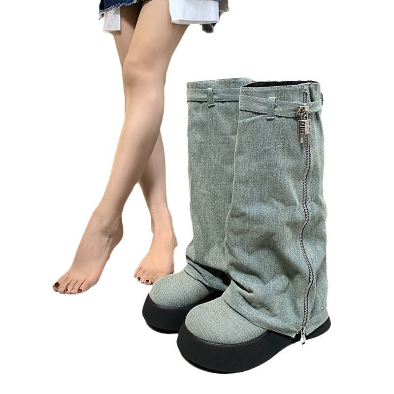 Women's French-style Platform Denim Boots