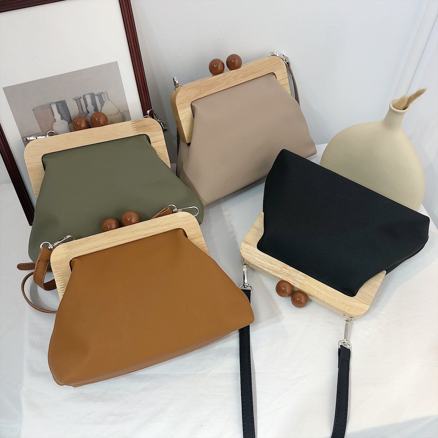 Pochette à clip en bois pour sac à main en cuir souple